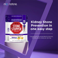 Moonstone Stone Stopper Drink Mix powder scoop beside bottle highlights easy daily intake.