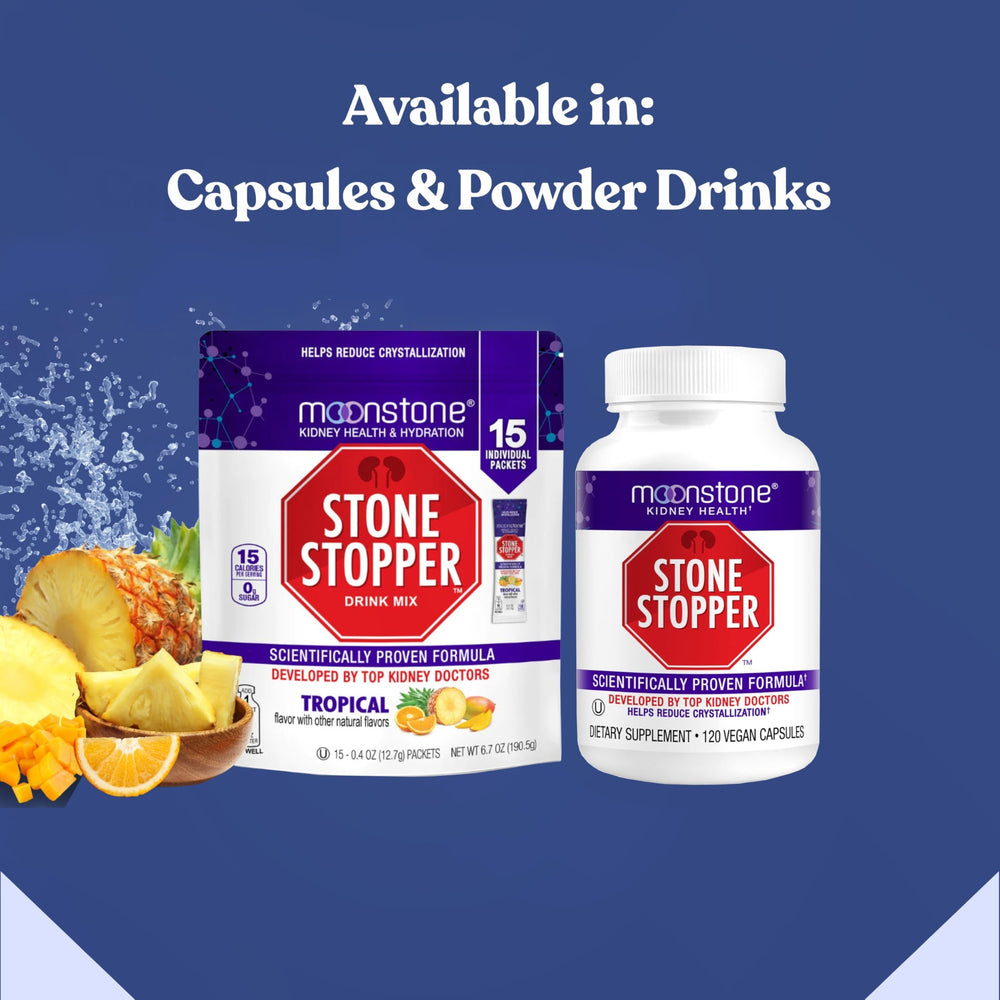 Moonstone Stone Stopper kidney health visual suggests stone prevention potential.