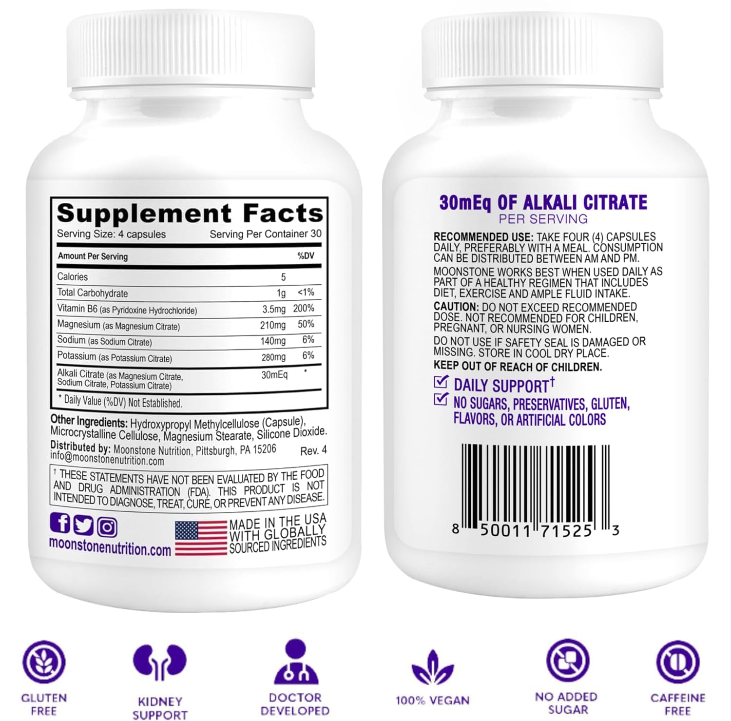Moonstone Stone Stopper label detail shows alkali citrate-rich formula for urine balance.