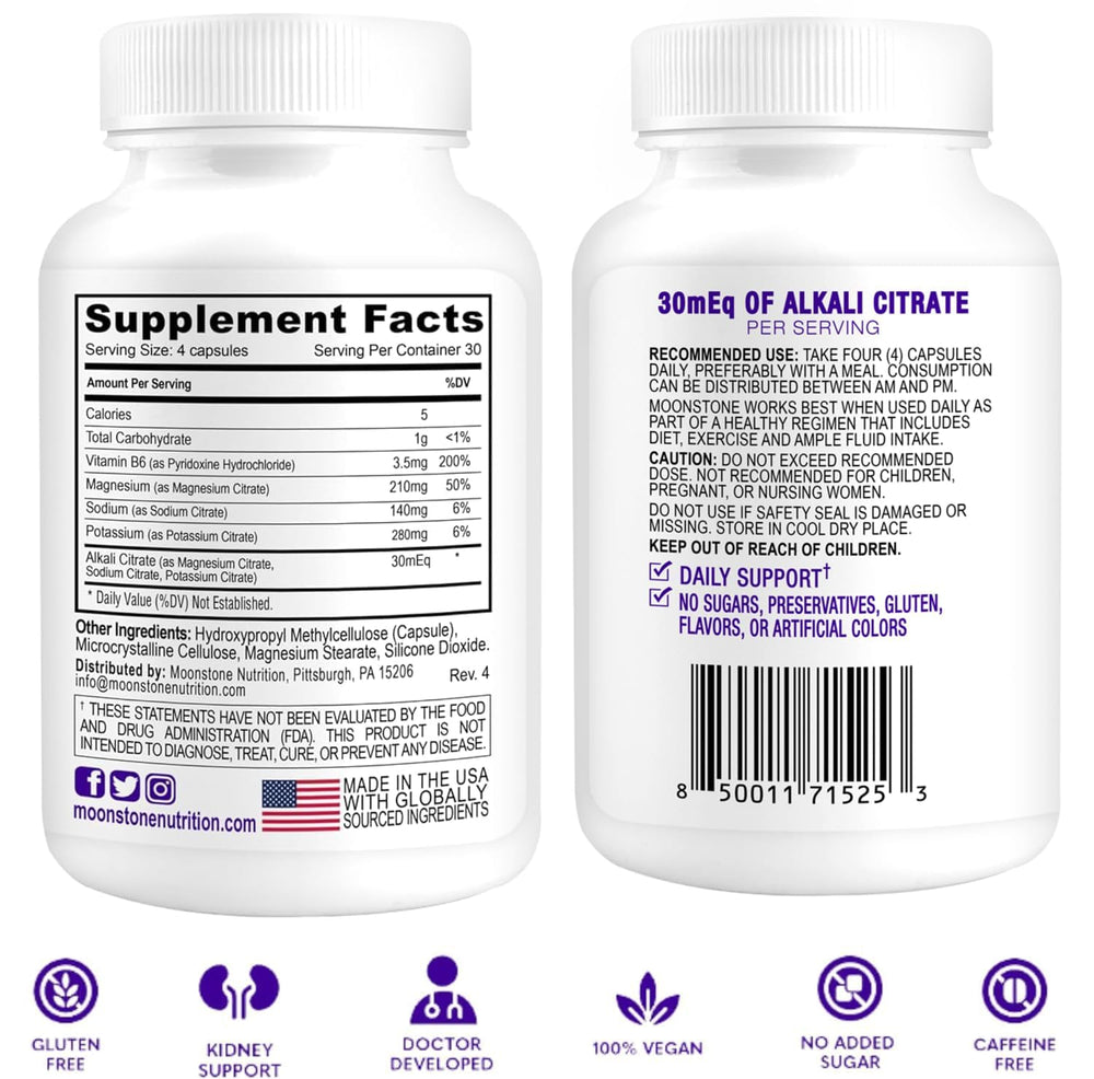 Moonstone Stone Stopper label detail shows alkali citrate-rich formula for urine balance.