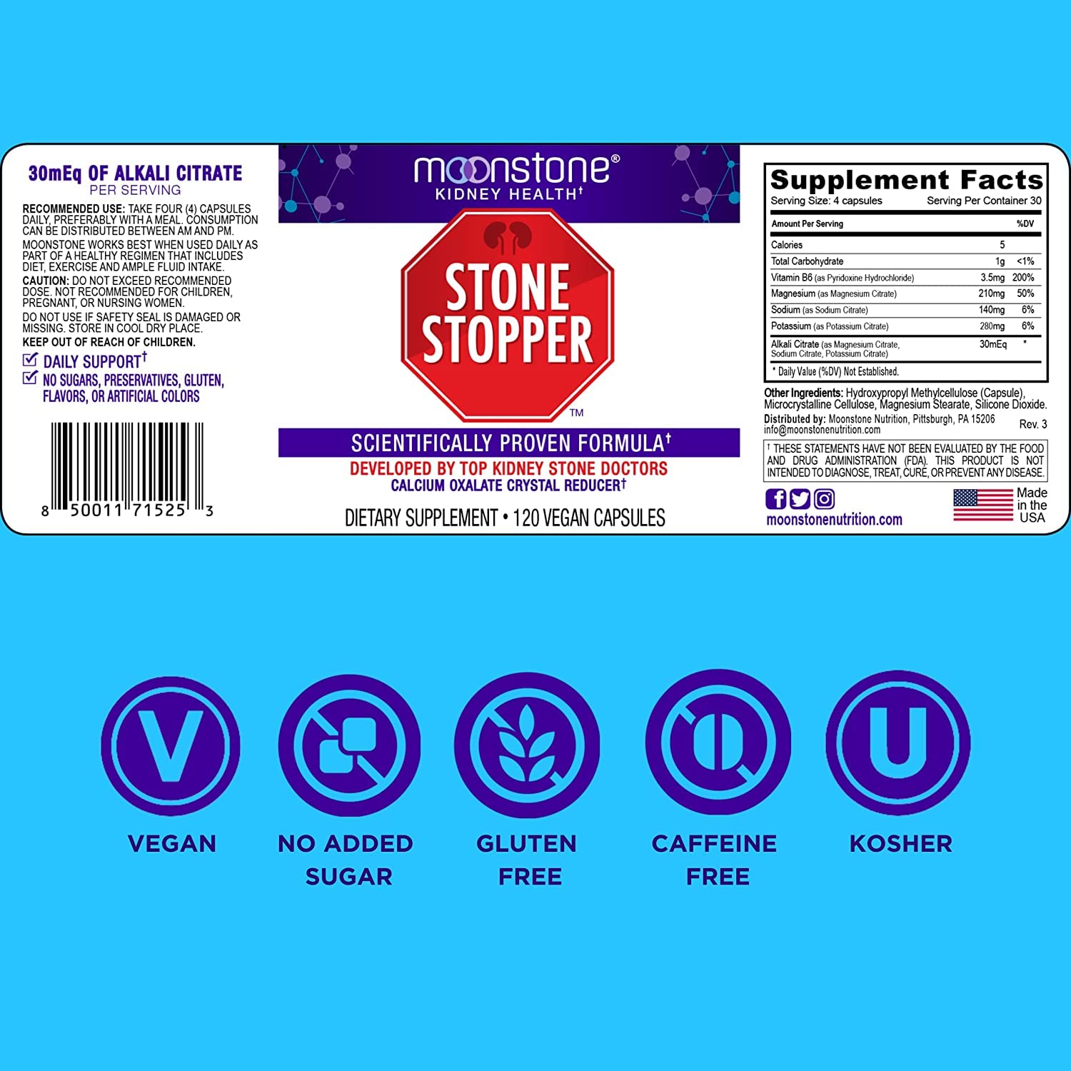 Moonstone Stone Stopper packaging angle communicates value with clear dosing information.