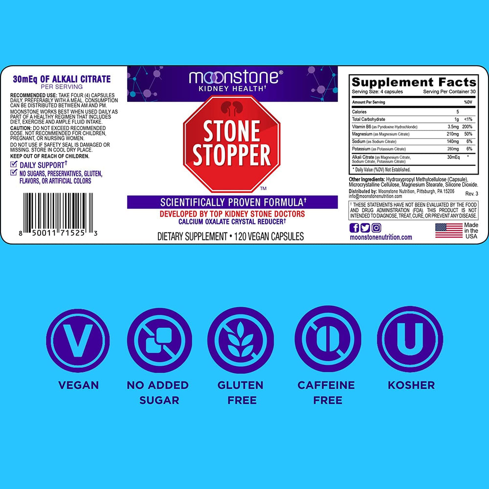 Moonstone Stone Stopper packaging angle communicates value with clear dosing information.