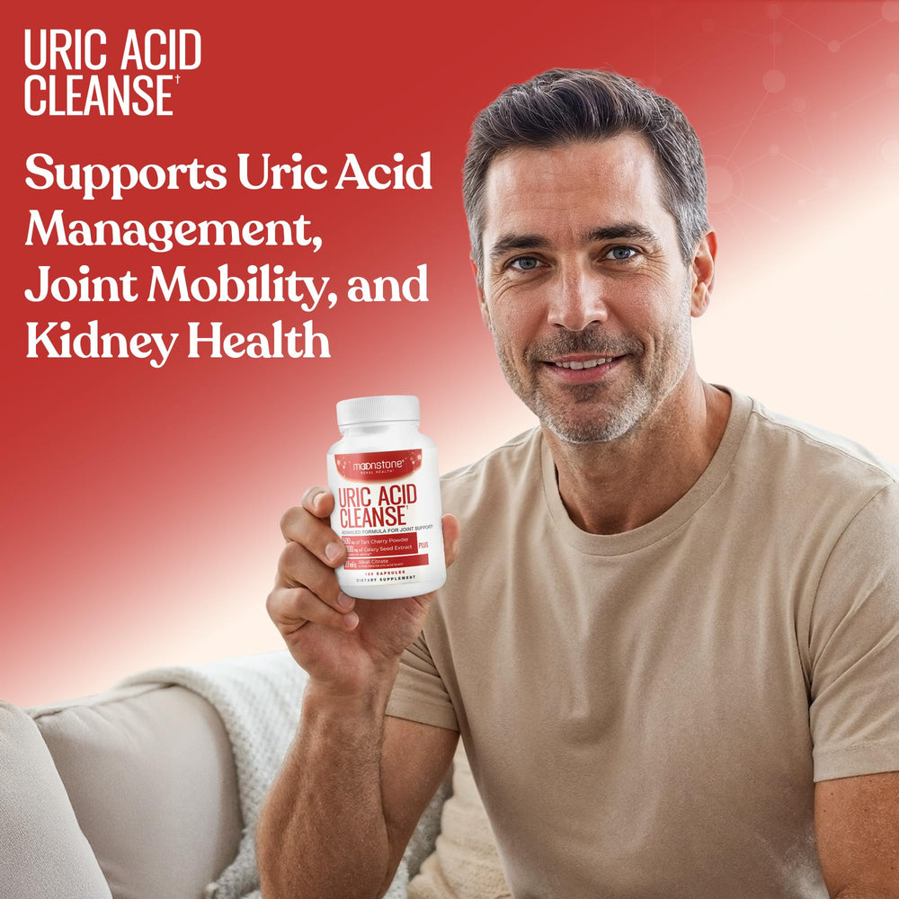 Moonstone Uric Acid Cleanse capsules closeup for convenient dosage.