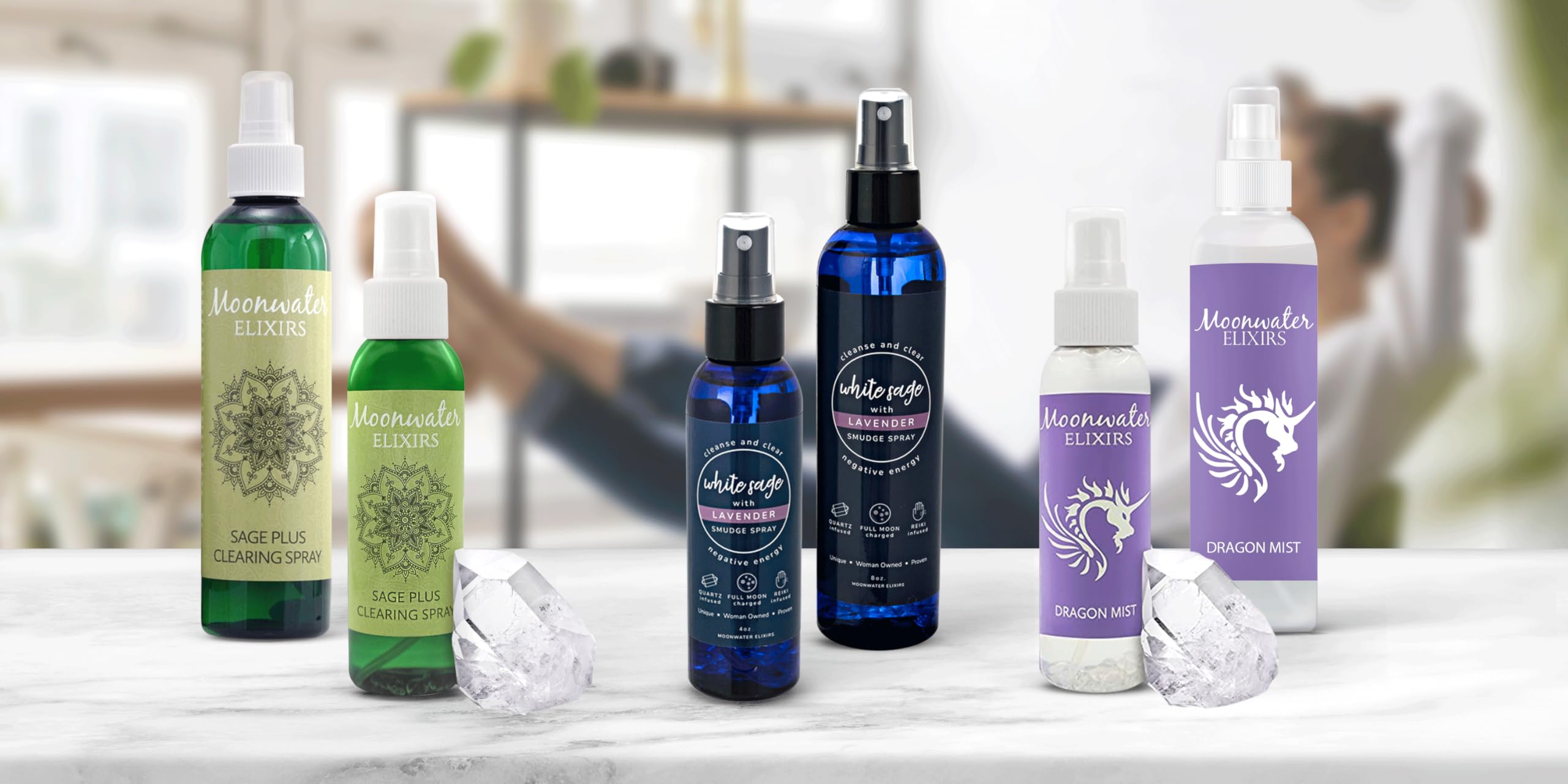 Moonwater Elixirs aromatherapy mist being spritzed during calm meditation.