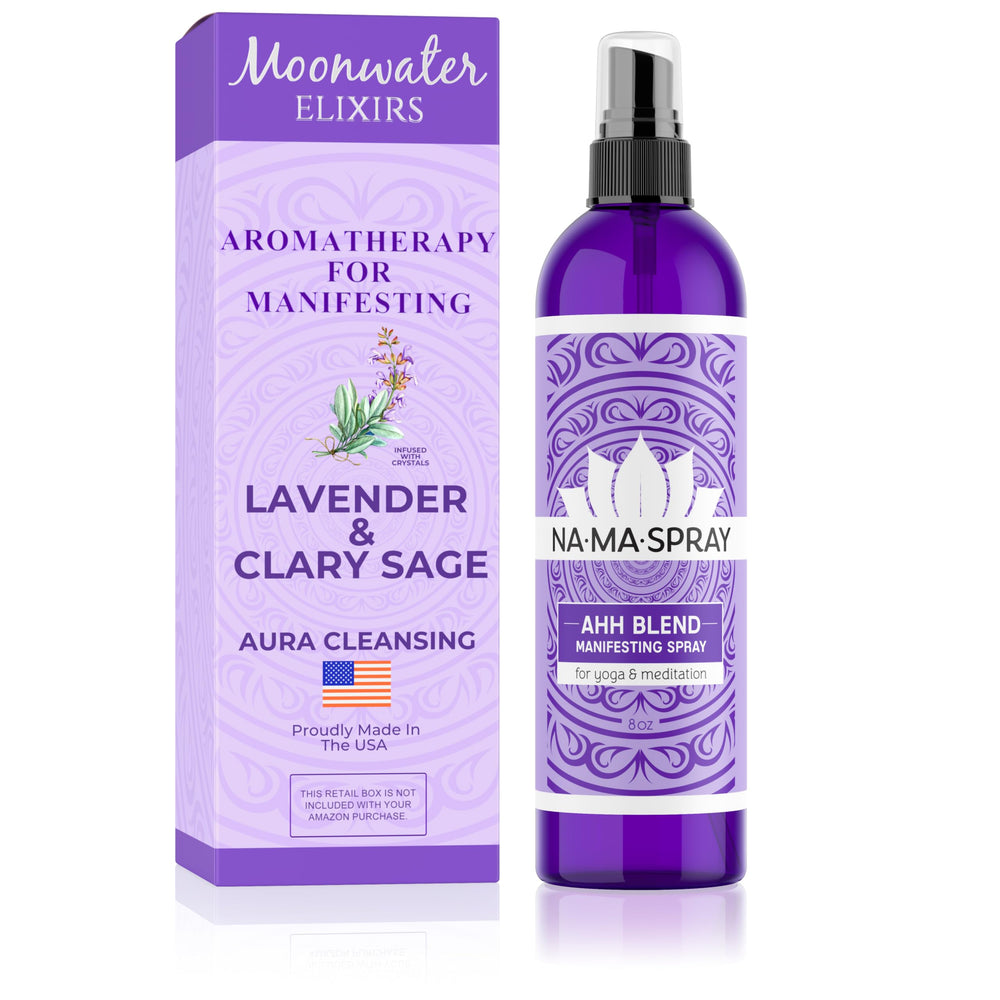 Moonwater Elixirs Lavender & Clary Sage Aura Spray bottle close-up for energy clearing.