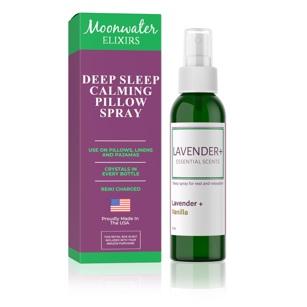 Moonwater Elixirs Lavender Sleep Spray on a pillow for calming bedtime ambiance.