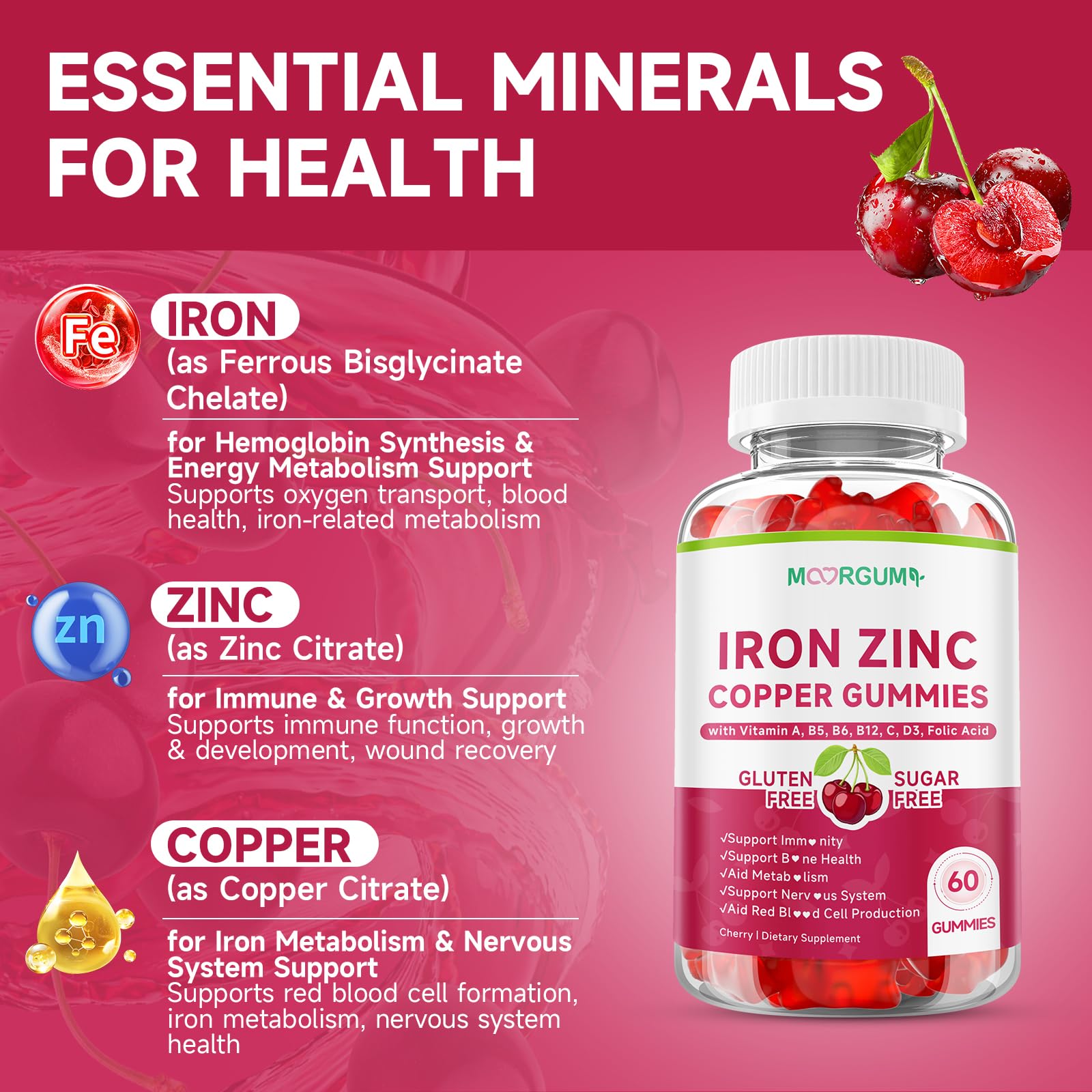 MOORGUMY cherry flavored mineral gummies provides a tasty daily supplement.