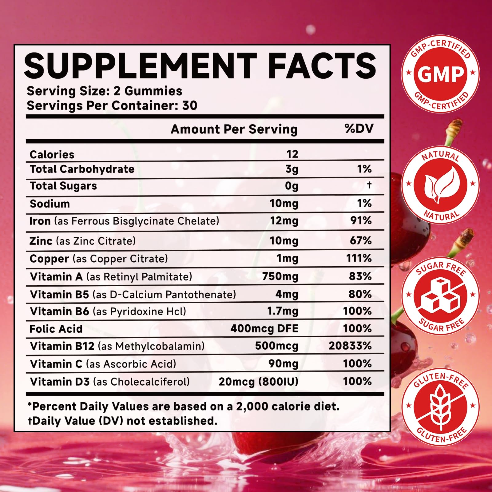 MOORGUMY iron zinc copper gummies label closeup highlights bioavailable minerals.