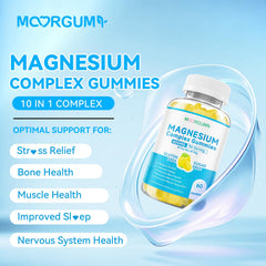 MOORGUMY Magnesium Complex Gummies closeup highlights chewy texture ideal for on-the-go use.