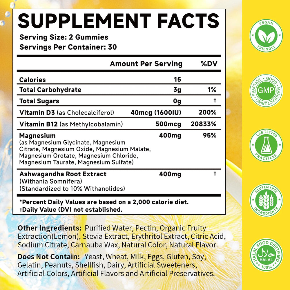 MOORGUMY Magnesium Complex Gummies lemon flavor closeup emphasizes zero-added-sugar option.