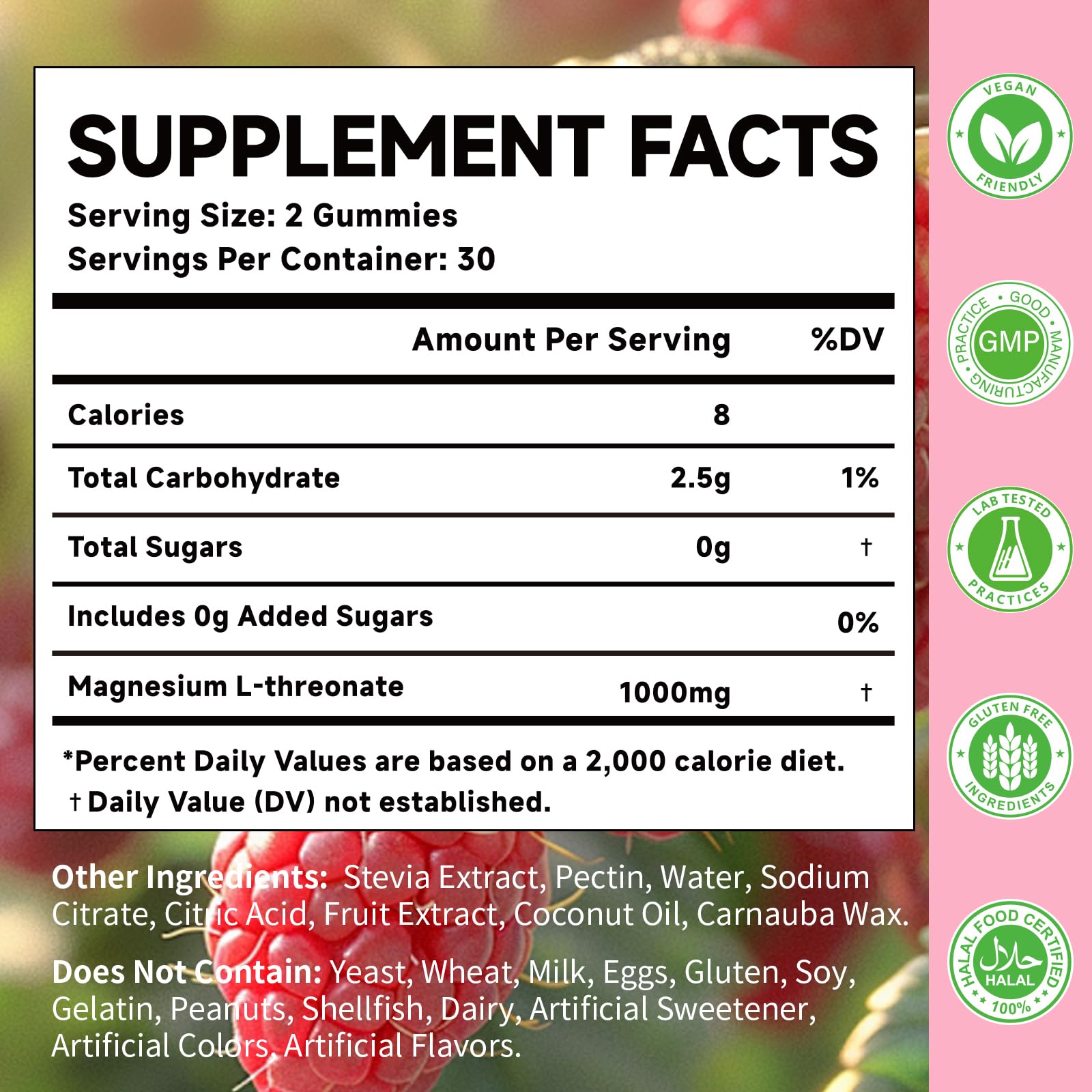 MOORGUMY Magnesium L-threonate gummies bottle back label shows ingredients and allergen-free notes.