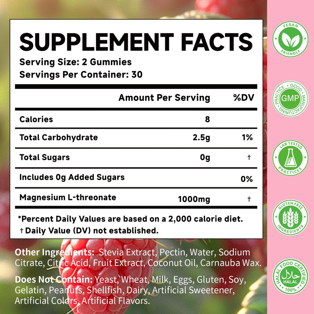 MOORGUMY Magnesium L-threonate gummies bottle back label shows ingredients and allergen-free notes.