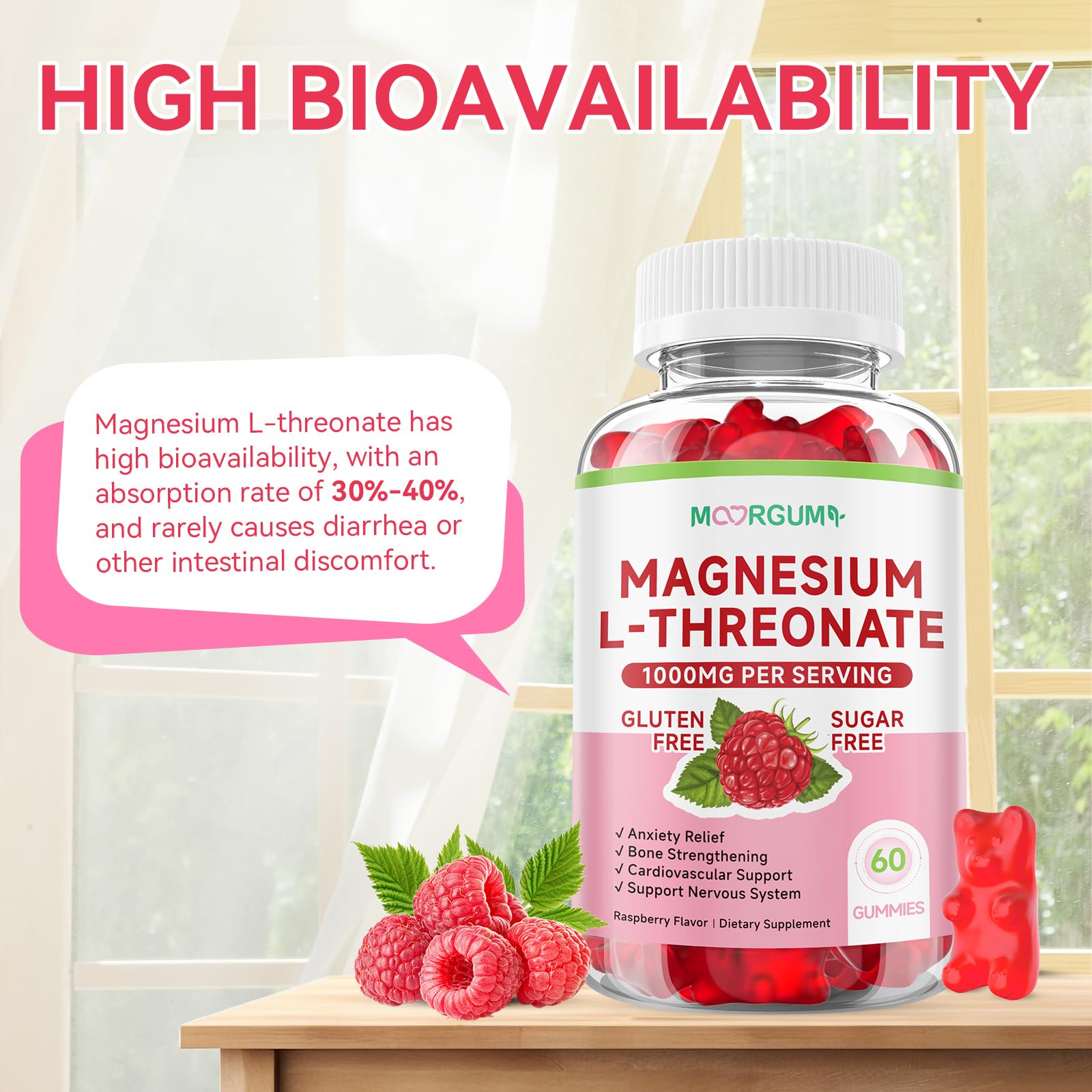 MOORGUMY Magnesium L-threonate gummies packaging emphasizes purity and GMP standards.
