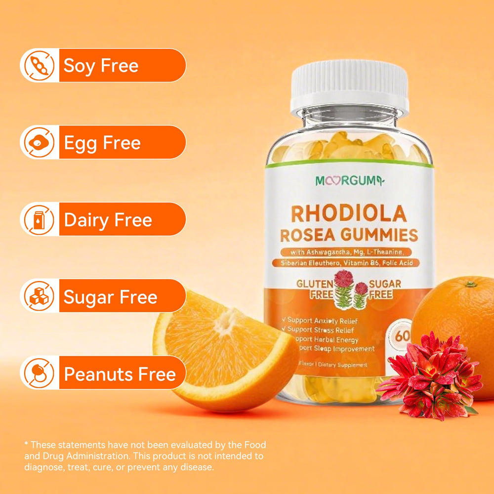MOORGUMY Rhodiola Gummies at desk setup highlighting focus and mood support