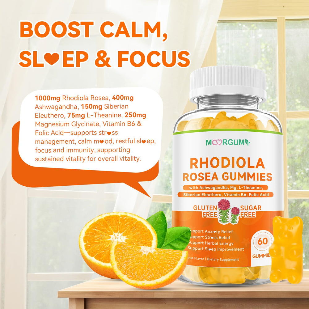 MOORGUMY Rhodiola Gummies shown with family-friendly serving idea