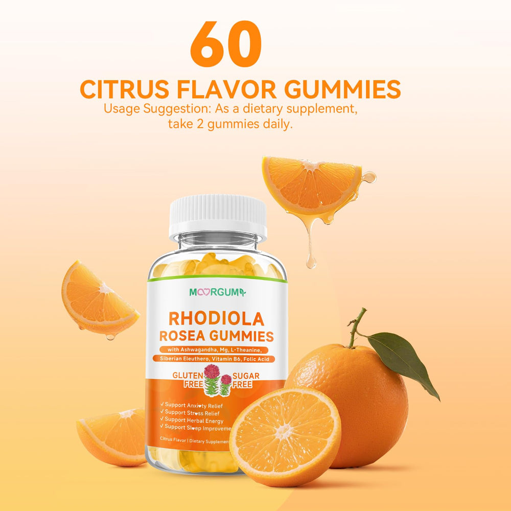 MOORGUMY Rhodiola Gummies 60-count packaging for convenient daily use