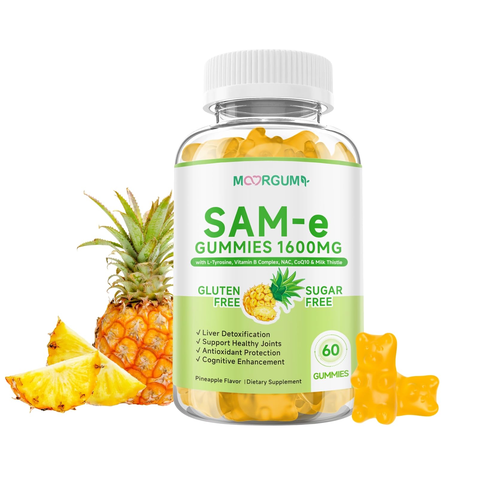 MOORGUMY SAM-e L-Tyrosine Gummies bottle front showing 1600mg SAM-e per serving for mood balance