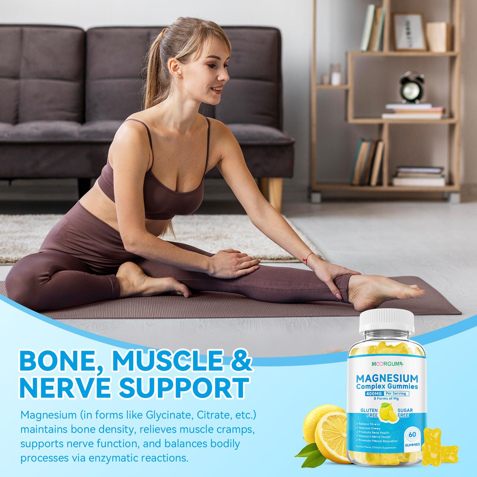 MOORGUMY Vitamin D3 bottle image highlights vitamin pairing for bone-support considerations.