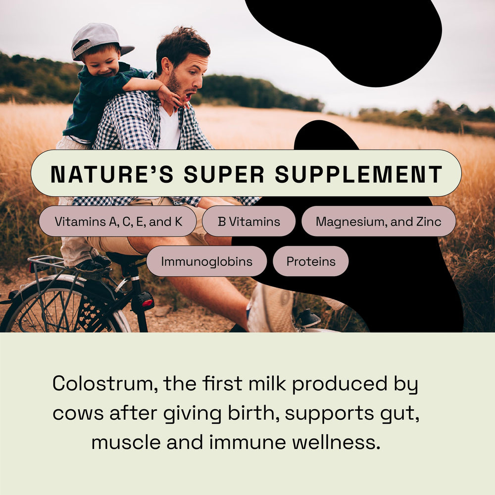 MOOVE colostrum powder measuring scoop ready to mix with beverages.