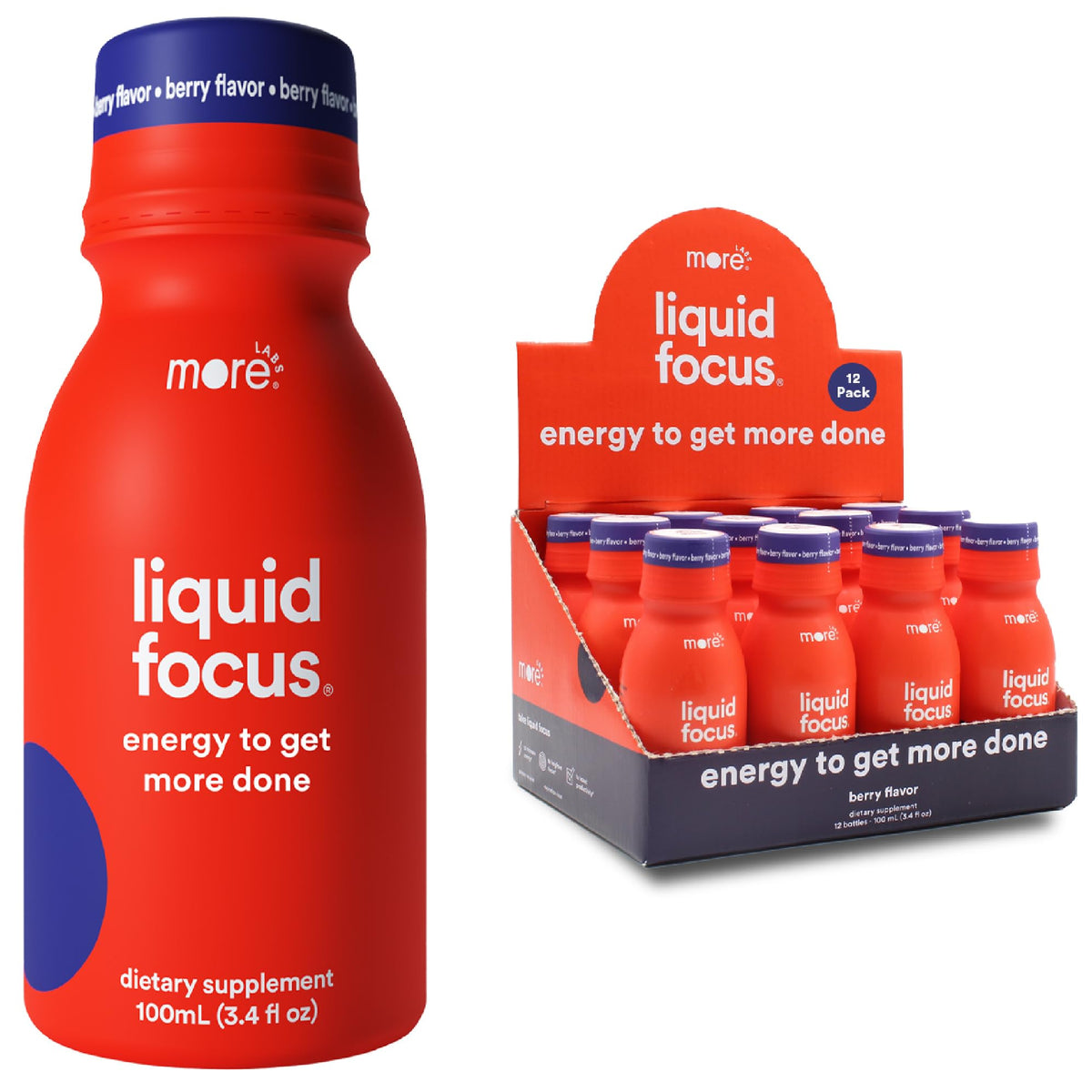 More Labs Liquid Focus bottle close-up highlighting energy-boosting formula for focus