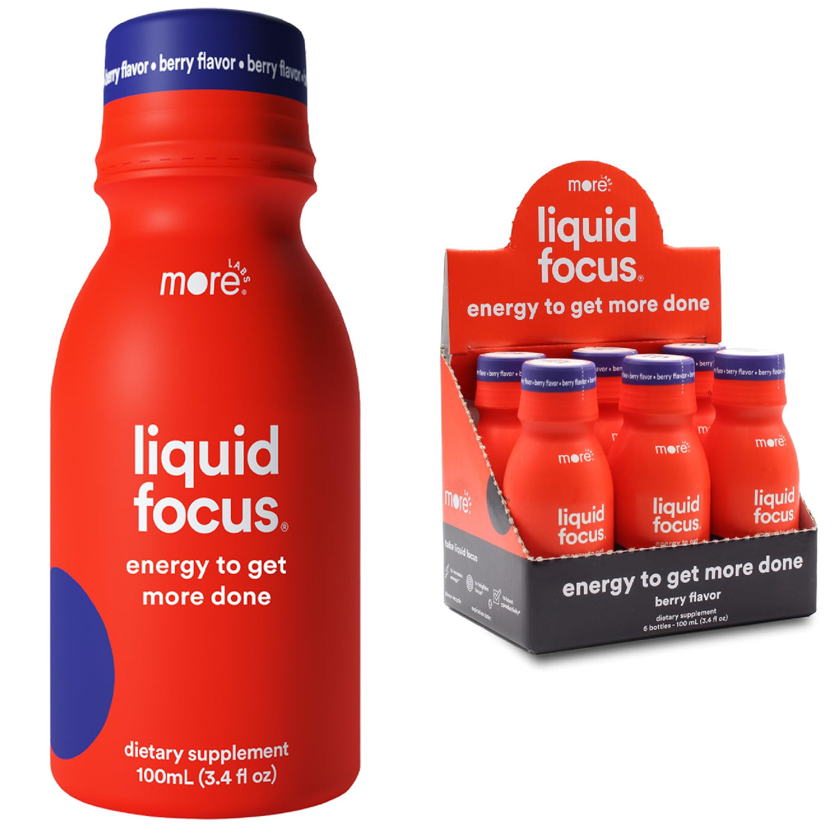 More Labs Liquid Focus bottle front view showing the product for focused energy on the go.