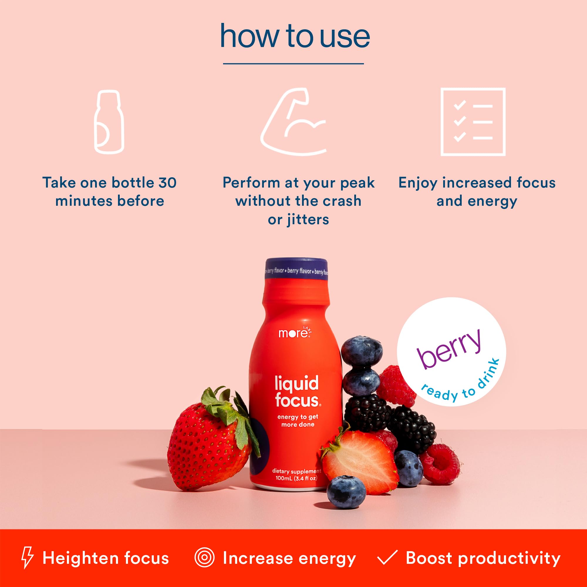 More Labs Liquid Focus cap off close-up, highlighting adaptogenic ingredients