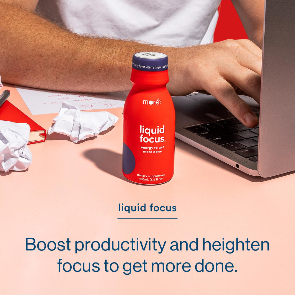 More Labs Liquid Focus with Panax ginseng and adaptogens for steady energy during study or work.