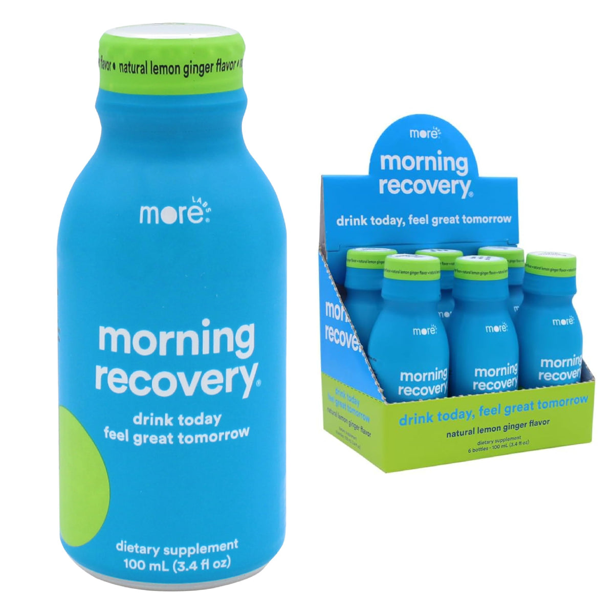 More Labs Morning Recovery bottle pour for quick hydration after drinking.