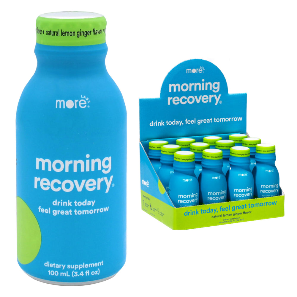 More Labs Morning Recovery bottle pour supports on-the-go hydration between drinks.