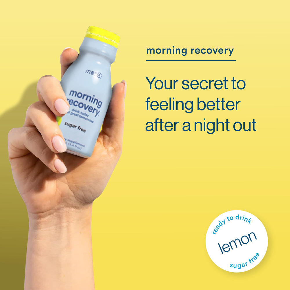 More Labs Morning Recovery Lemon bottle being poured for immediate hydration.