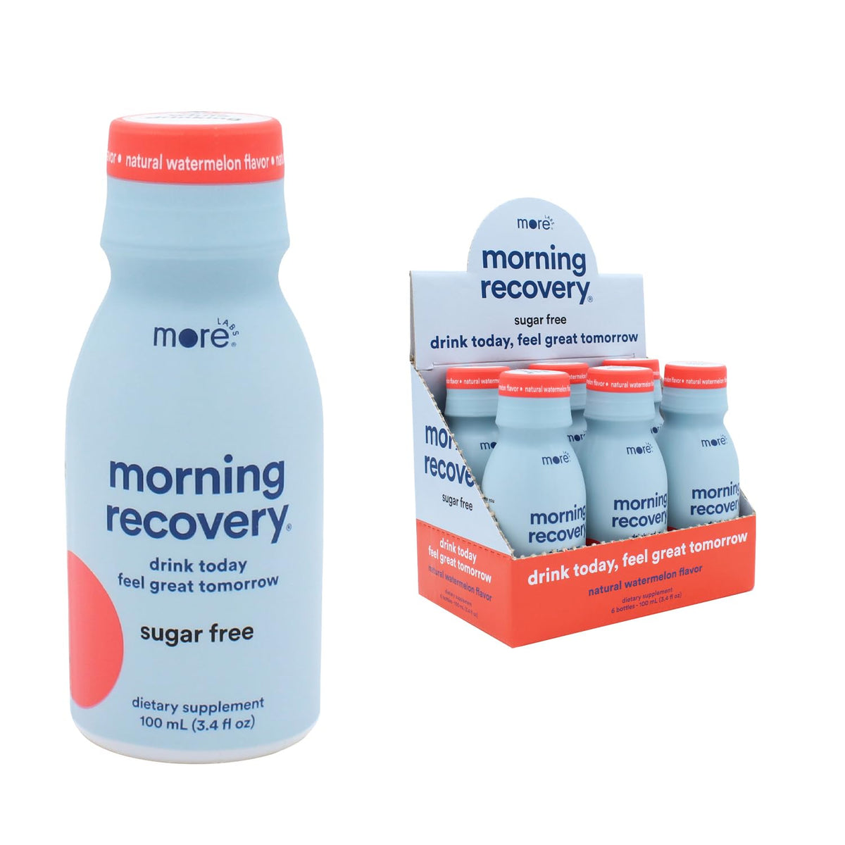 More Labs Morning Recovery watermelon bottle offers portable hydration after a night out.