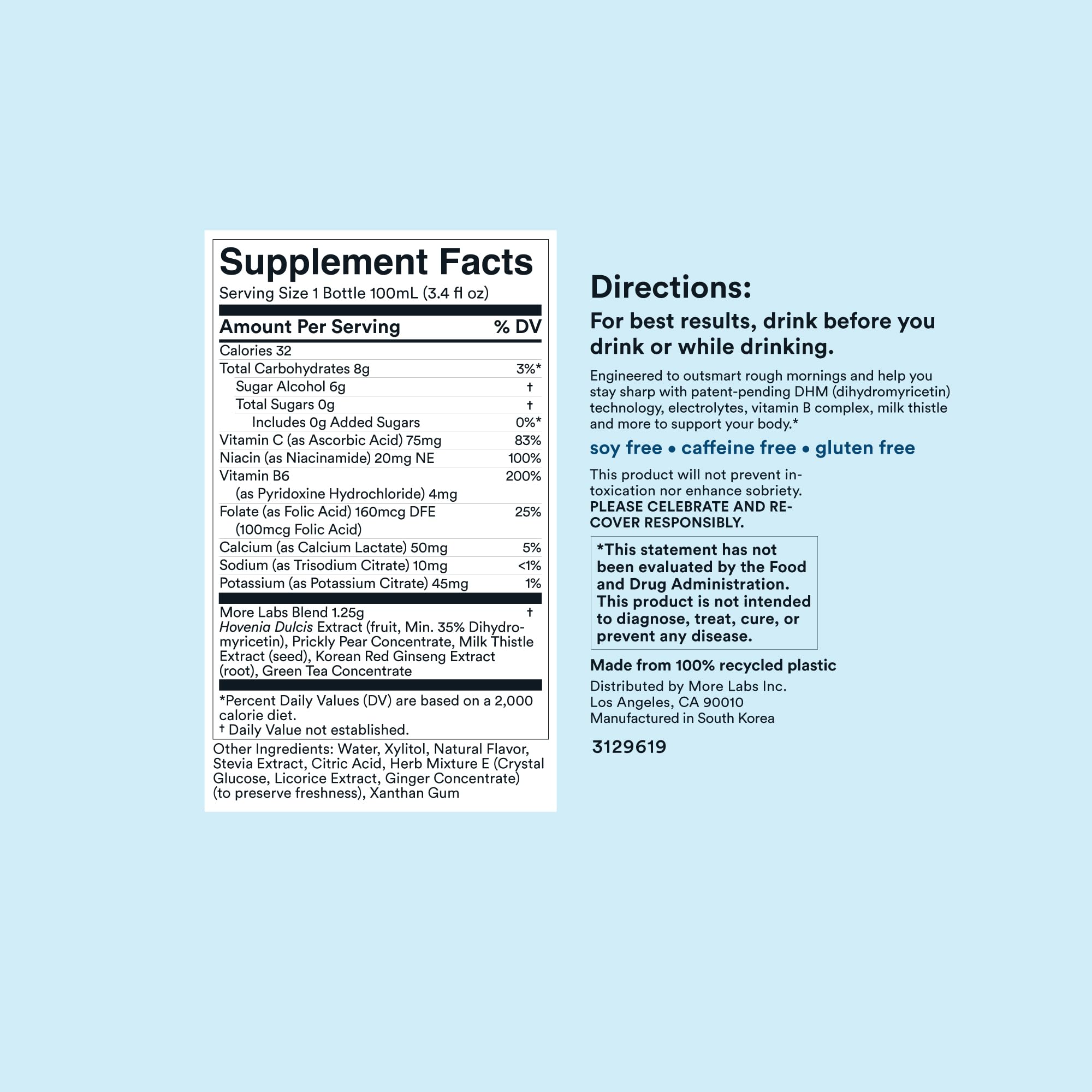 More Labs Morning Recovery Lemon close-up shows sugar-free formula.
