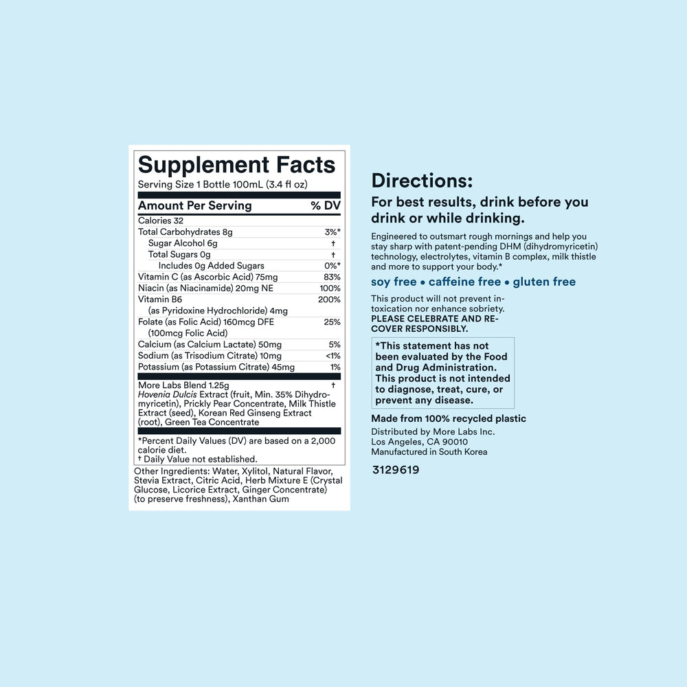 More Labs Morning Recovery Lemon close-up shows sugar-free formula.