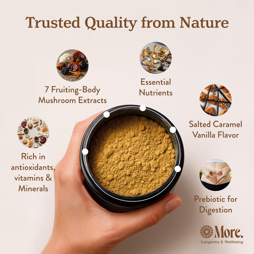 More. Longevity & Wellbeing bag-label highlighting seven mushroom extracts and clean ingredients.