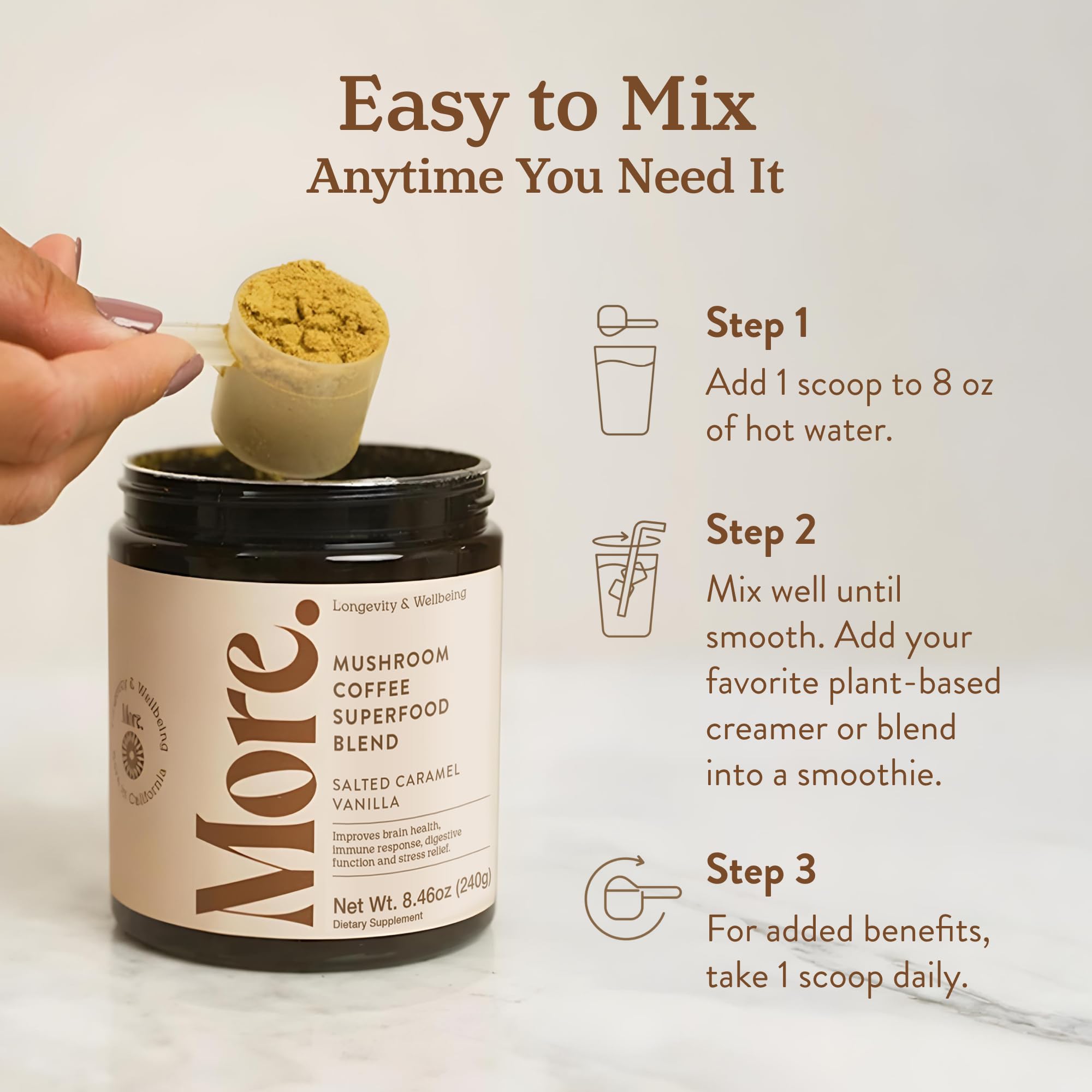 More. Longevity & Wellbeing ingredients-bowl featuring fruiting body extracts and adaptogens.