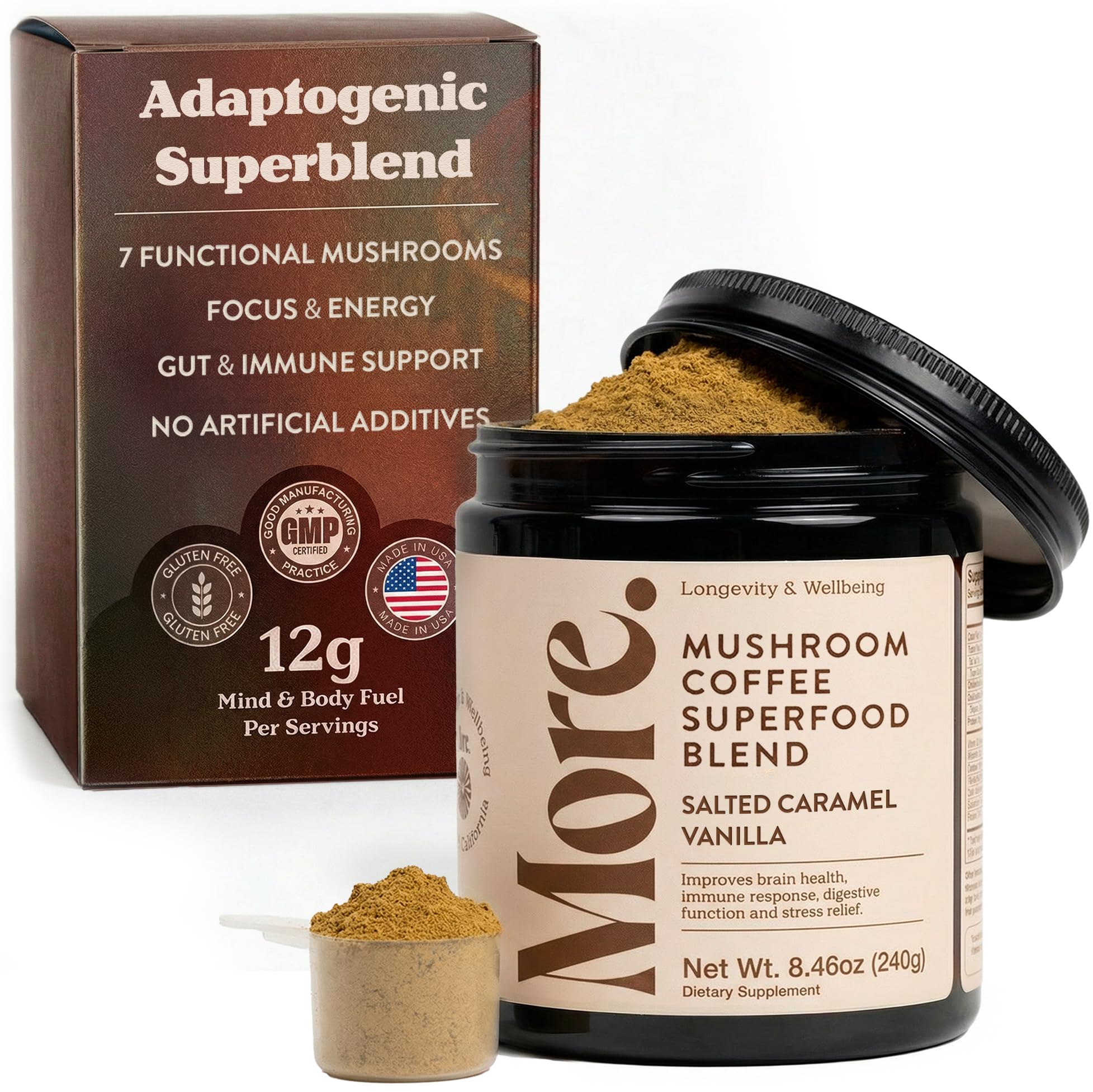 More. Longevity & Wellbeing Salted Caramel pack shows a premium extract blend for focused energy.