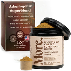 More. Longevity & Wellbeing Salted Caramel pack shows a premium extract blend for focused energy.