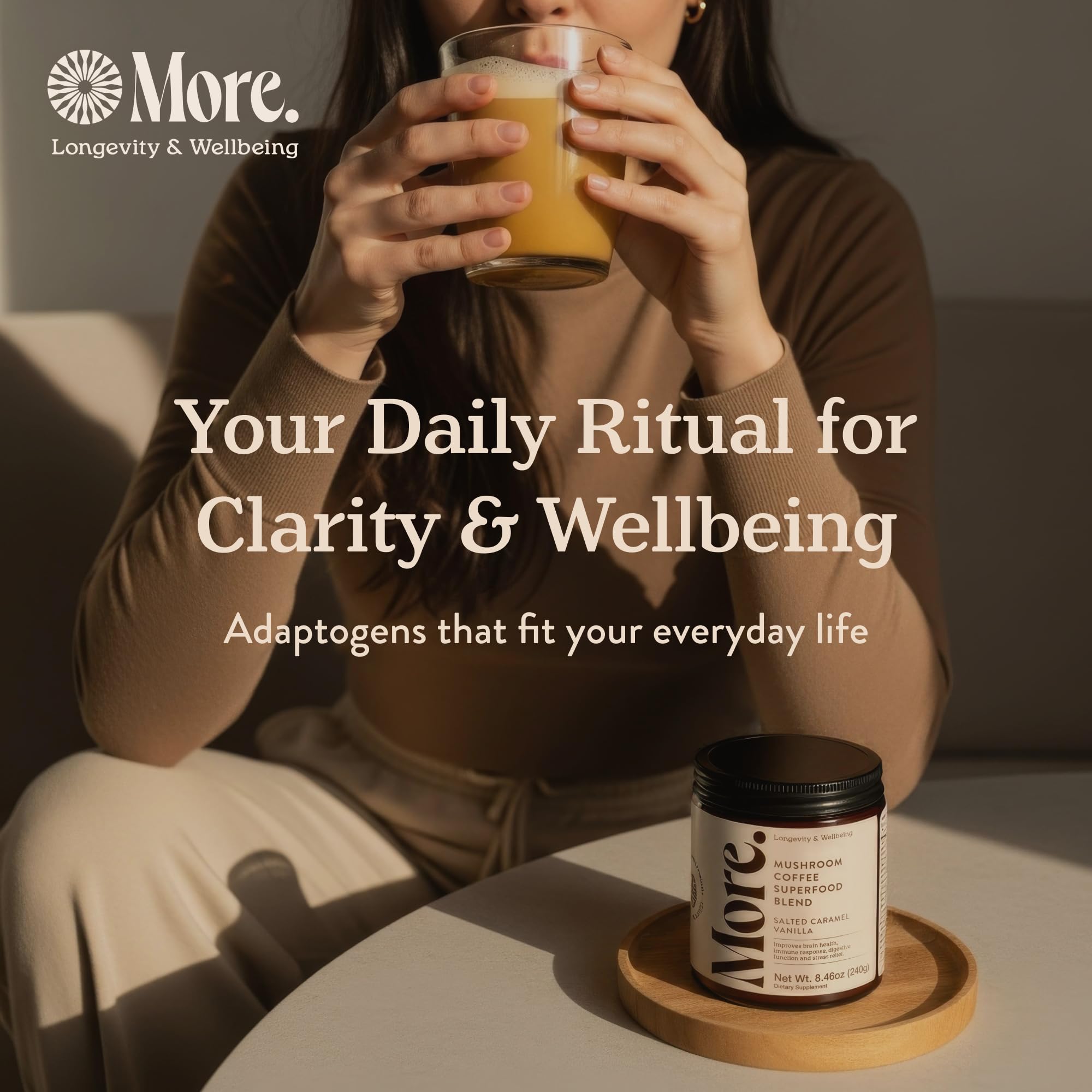 More. Longevity & Wellbeing 7-mushrooms-graphic illustrating a nutrient-dense daily blend.