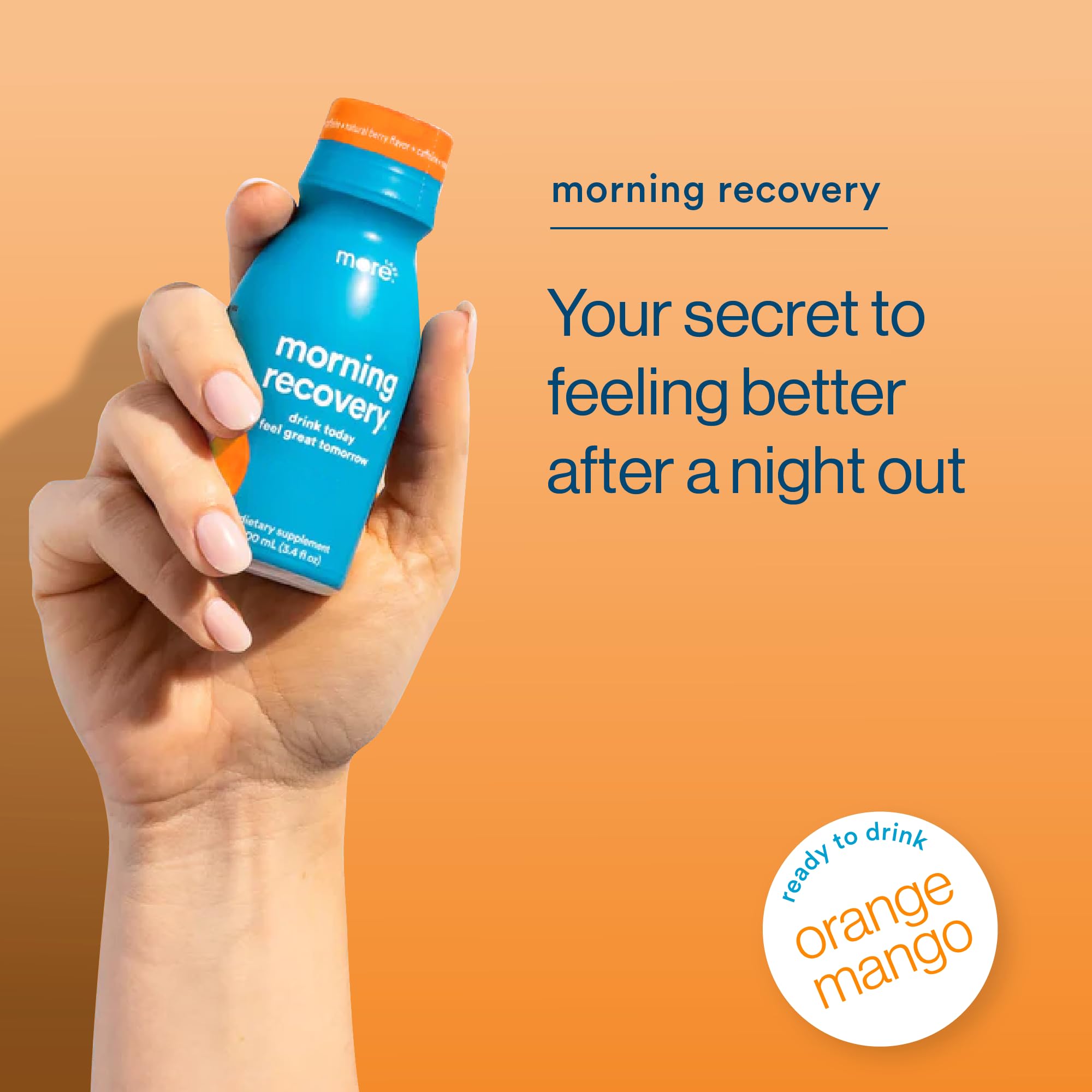 Morning Recovery bottle close up showing easy dosing and label