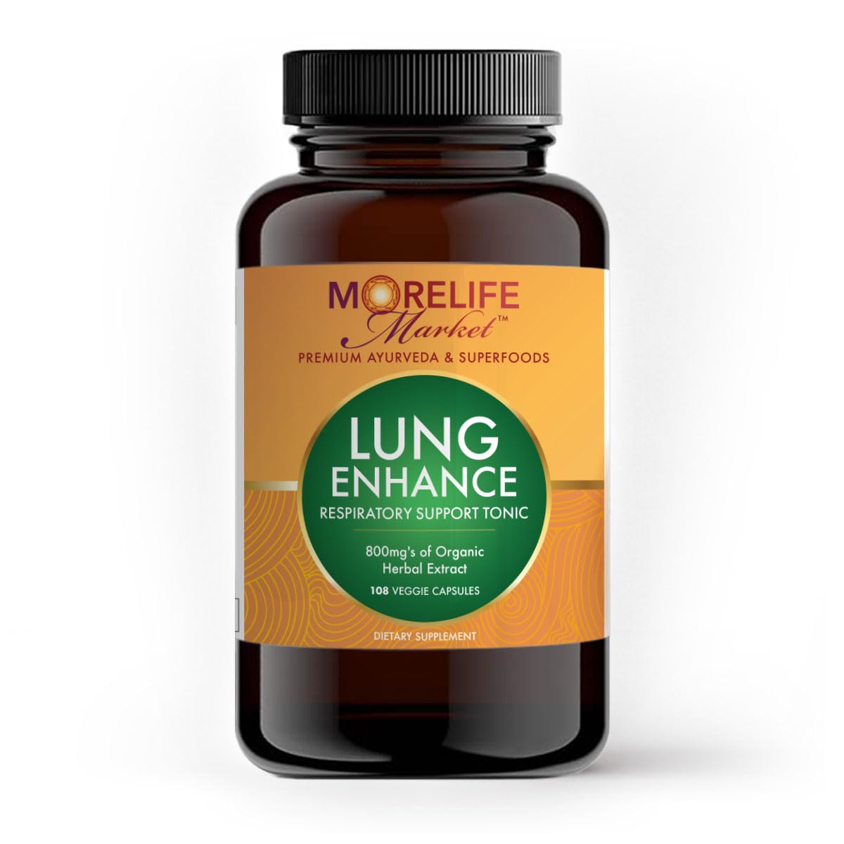 MoreLife Market Lung Enhance bottle label highlighting 800 mg potency for lung clarity.