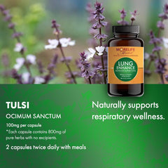 Close-up of Lung Enhance capsules showing 800 mg formula with Arjuna and Tulsi.