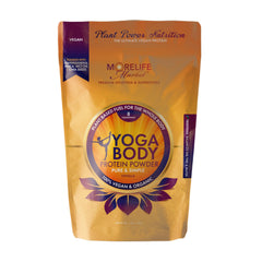 MoreLife Market Yoga Body Protein Powder vanilla bottle shows vegan organic formula for post-workout recovery.