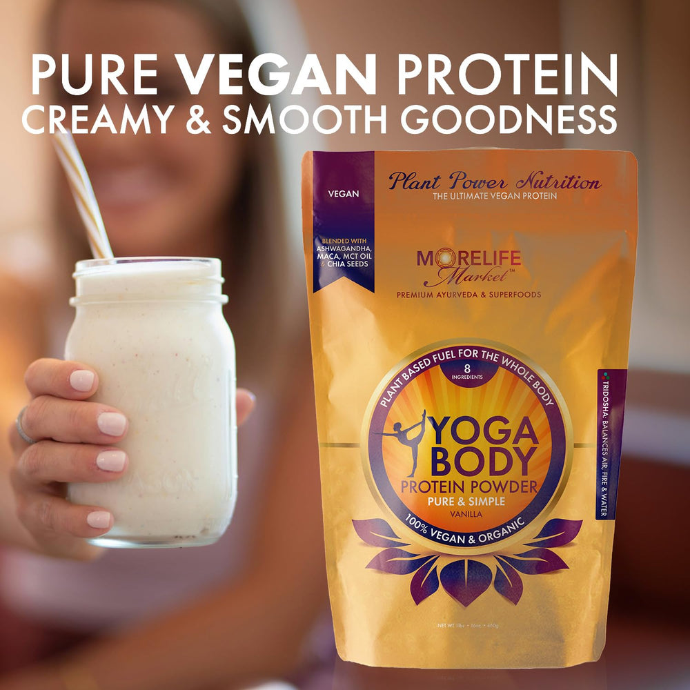 MoreLife Market Yoga Body Protein Powder vanilla scoop ready for a quick protein boost after yoga.