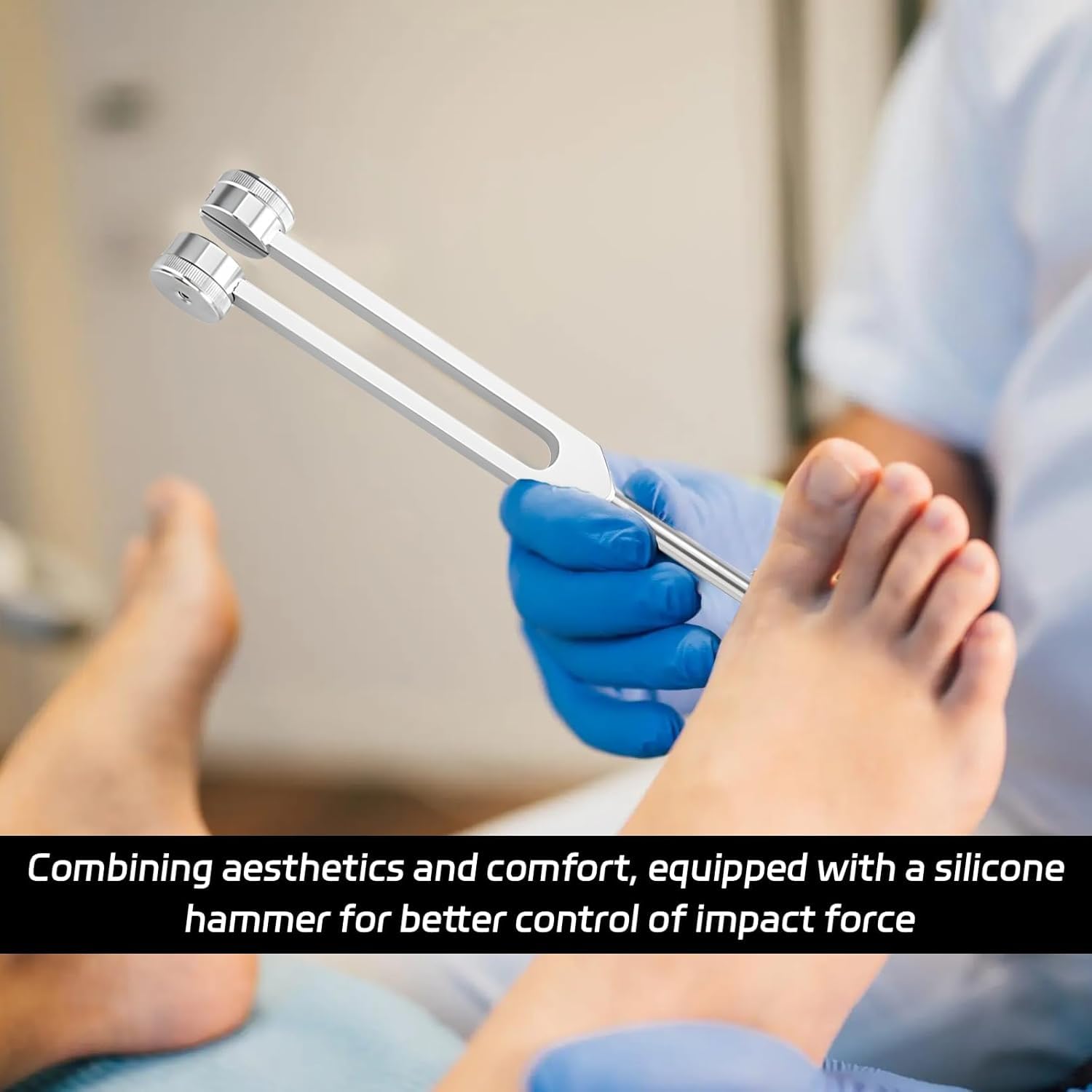 Handheld MoResolune fork being tapped on a knee