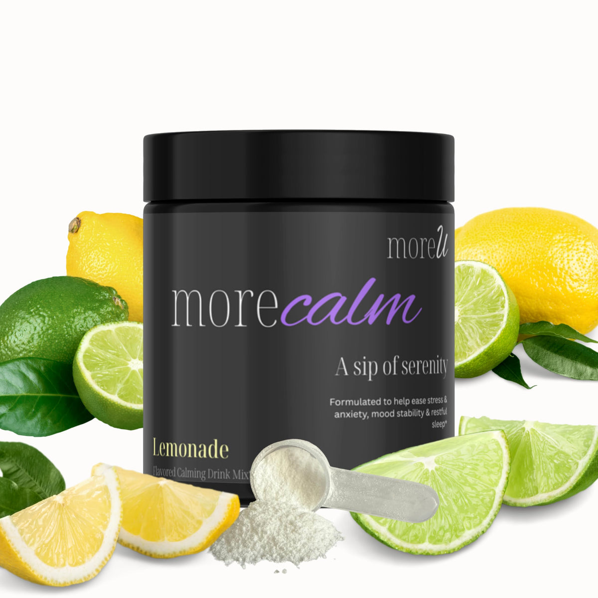 MoreU MoreCalm jar front showing calming drink mix for daily stress relief