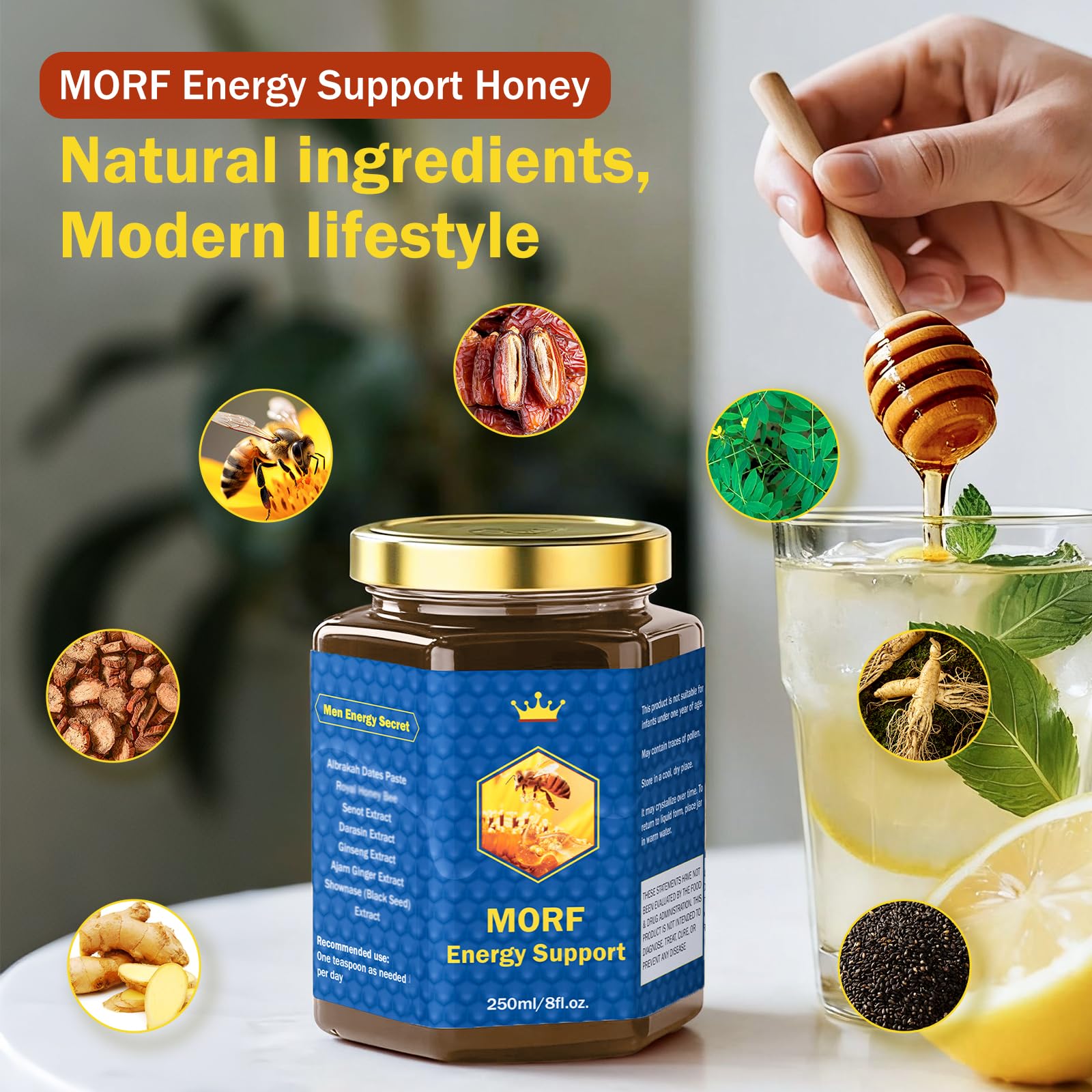 MORF Energy Support jar closeup shows golden texture and natural ingredients.