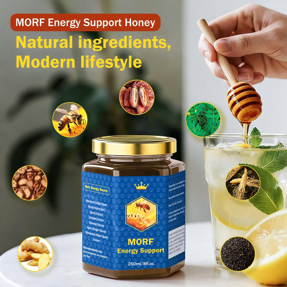 MORF Energy Support jar closeup shows golden texture and natural ingredients.