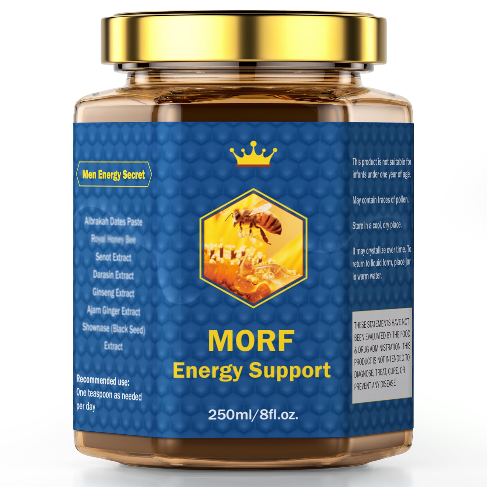 MORF Energy Support honey-date-pecan-ginger jar front, ready for a quick energy boost.