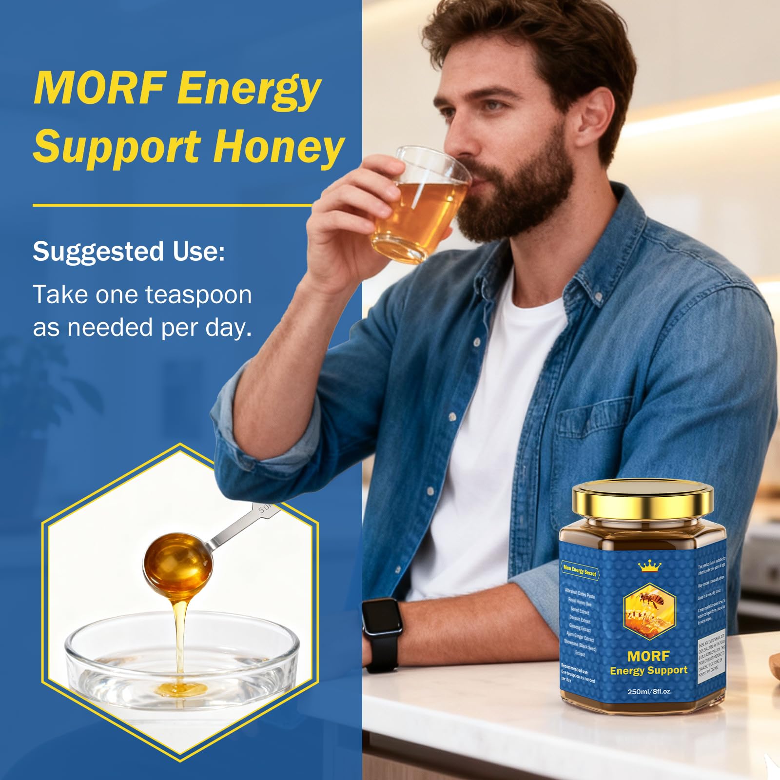 MORF Energy Support jar with spoon, ideal to drizzle on yogurt or toast.