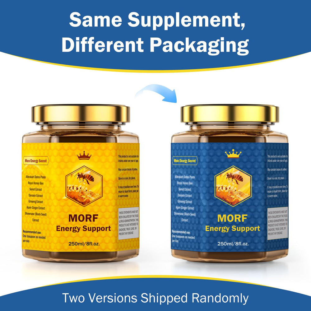 MORF Energy Support jar on kitchen counter for quick nourishment.